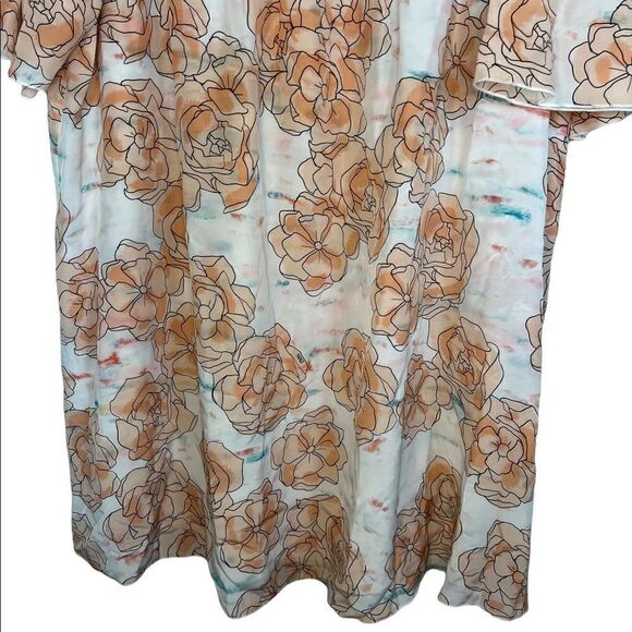 DYVNA Orange/White Floral Silk Bell Sleeve Braided Trim Shift Dress - Picture 7 of 12